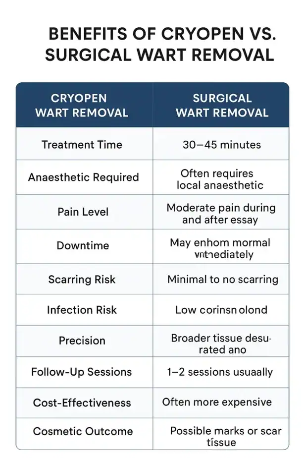 Table showing the benefits of cryopen to remove warts Farnborough compared to surgical treatment