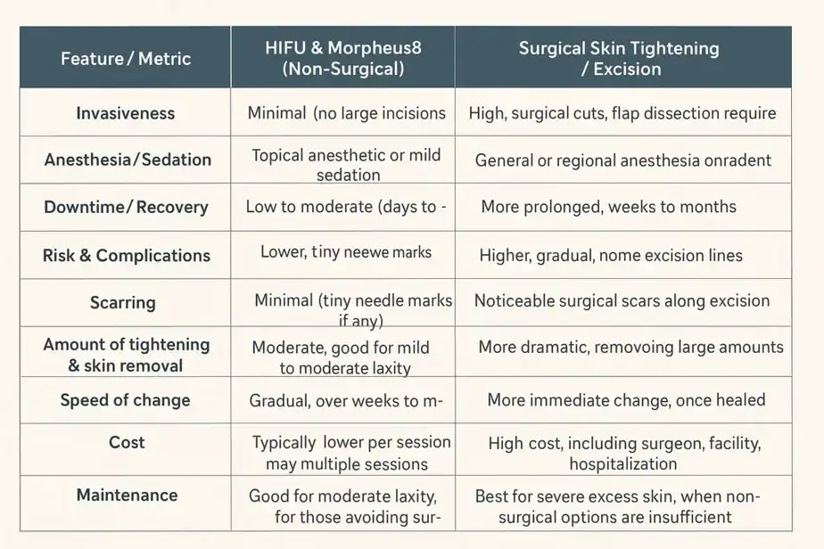 Table showing benefits of Lipo Freeze 2 U Farnborough treatments for skin tightening following weight loss injections.
